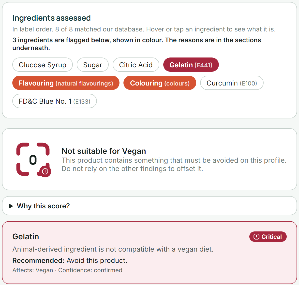 A NoshWise result: E441 identified as gelatine and flagged critical for a vegan profile, with a score of zero.